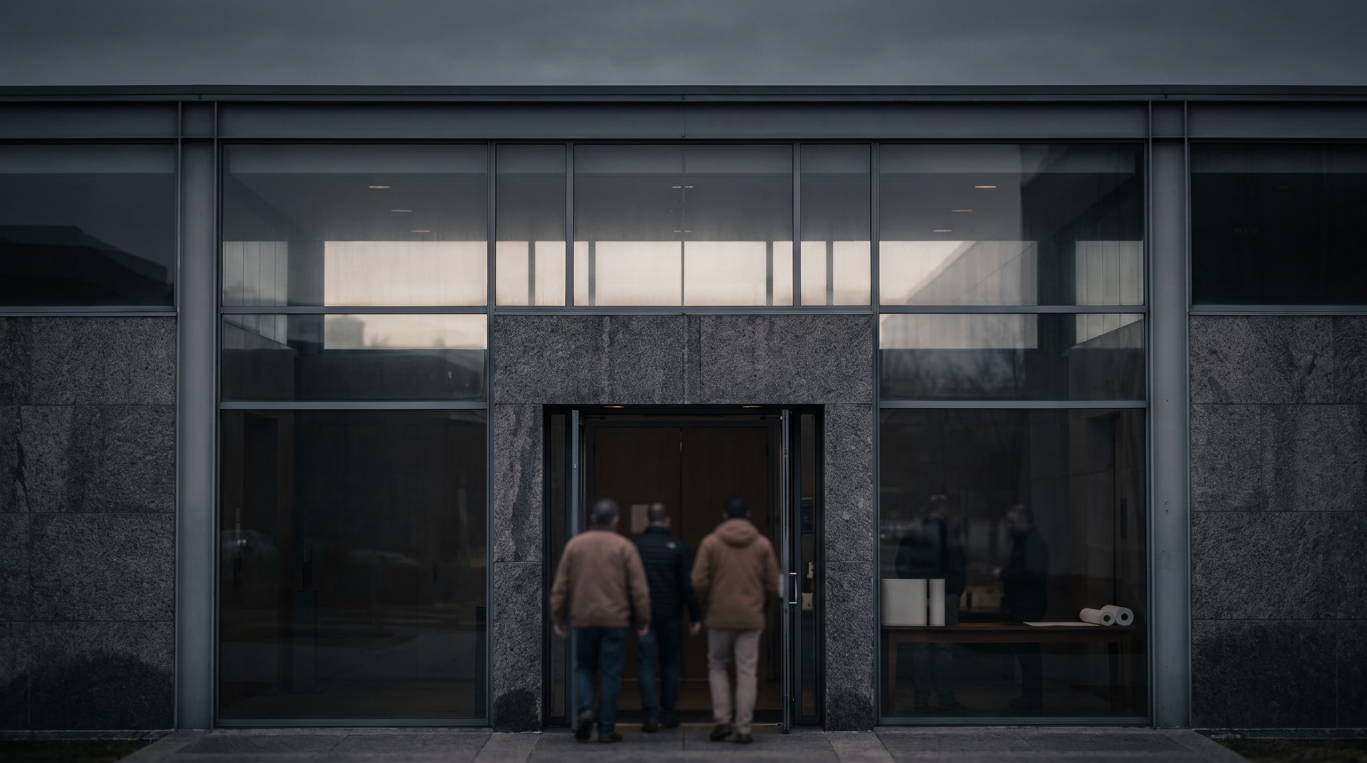 Unbranded civic building at dawn